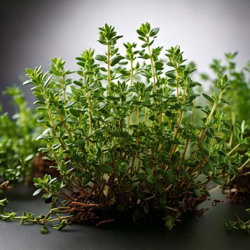 Tomillo (Thymus vulgaris) Planta aromática de origen mediterráneo. Sus pequeñas hojas desprenden un aroma fuerte y agradable, usado en carnes, pescados, sopas y adobos. También es medicinal: expectorante, digestivo y antiséptico natural.